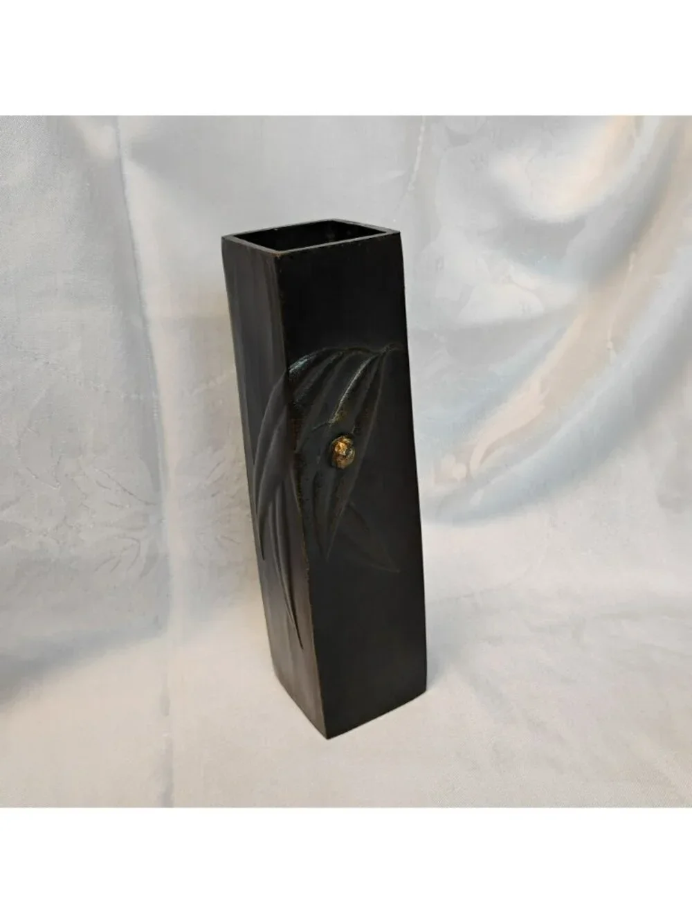 Vintage Japanese Ikebana Vase - MCM Faux Bronze Cast Metal Bamboo Pillar 9